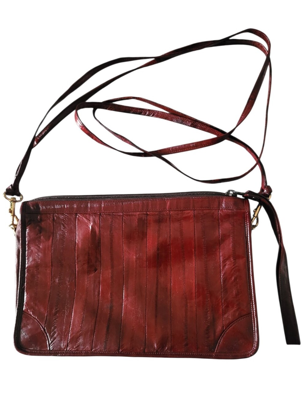Vintage Genuine Eel Skin Large Wristlet Clutch Bag Purse Burgundy Exotic Chic